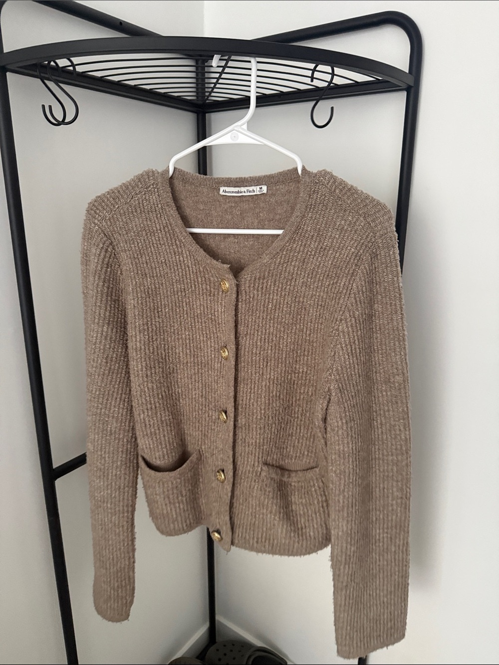 Abercrombie & Fitch Women's Taupe Ribbed Button-Front Cardigan with Gold Buttons